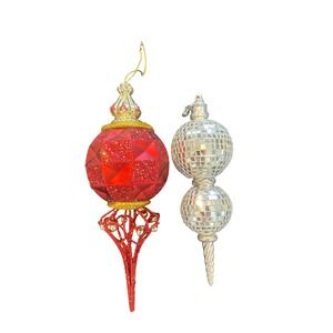 2 vintage Red Glitter Icicle Ornament Silver Disco Ball Christmas Tree Decor Set
